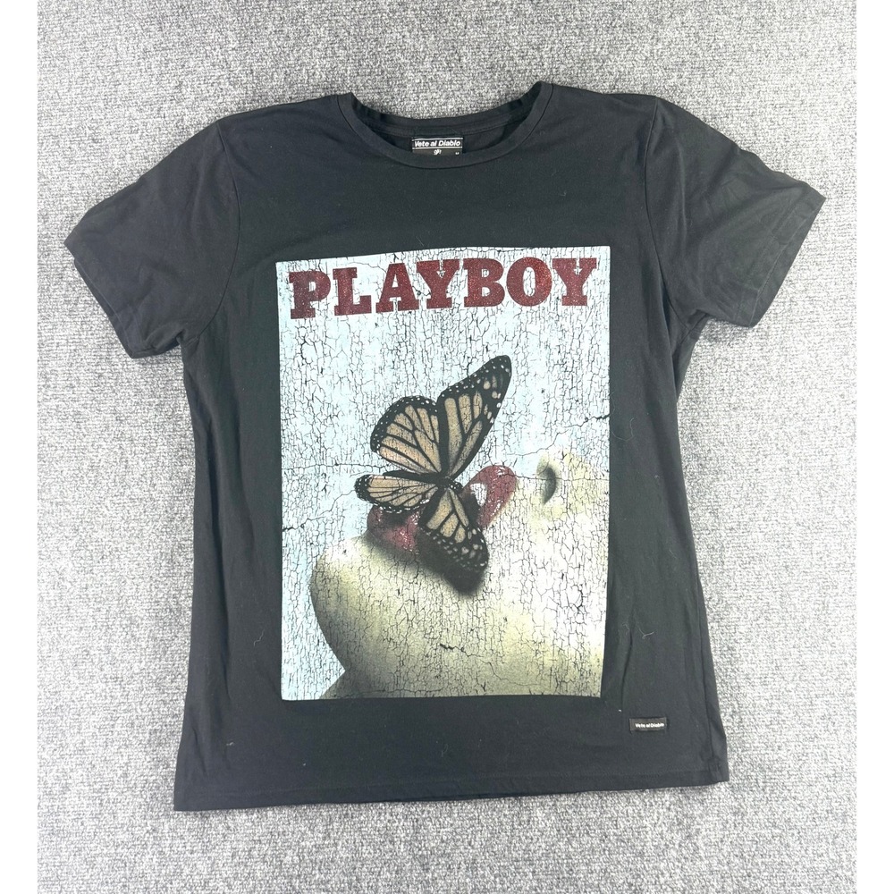 Vete al Diablo Playboy Graphic T-Shirt Mens Medium Black Butterfly Print Tee